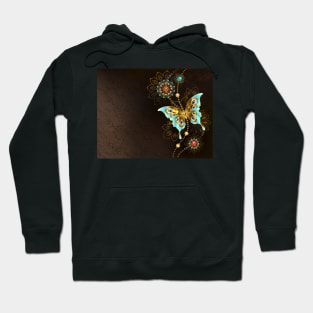 Brown Background with Turquoise Butterfly Hoodie